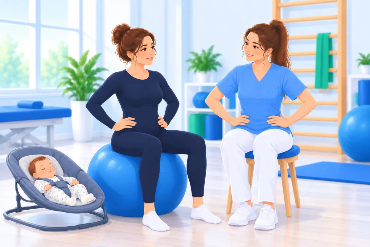 Bebeği yanındaki ana kucağında uyurken pilates topu üzerinde oturan yeni anne, karşısındaki fizyoterapistle birlikte elleri belinde dik oturuş pozisyonunu çalışıyor.